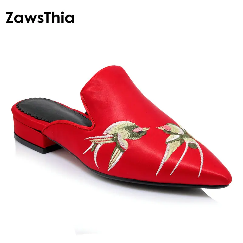 Сланцы ZawsThia женские атласные искусственный шелк вышивка птицами шлепанцы для