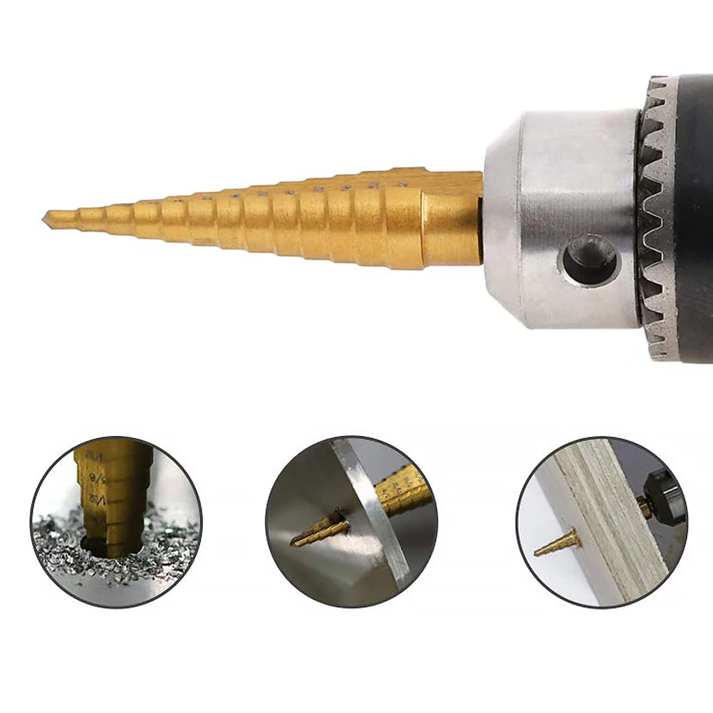 

6pcs HSS Titanium Coated Step Drill Bit Hole Cutter Drilling Power Tools Metal High Speed Steel Wood Hole Cutter Cone Drill Bit