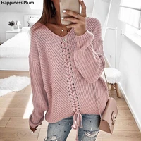plus size womens loose sweater autumn and winter v neck long sleeved solid color sweater womens stitching ladies sweater