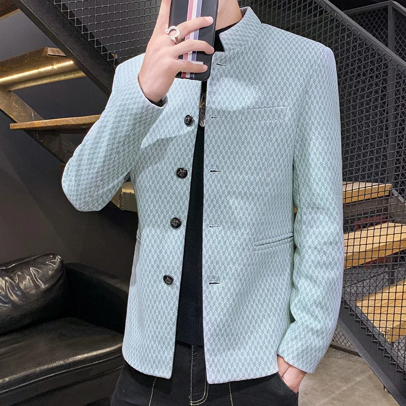 

2021 Autumn Men's Stand Collar Jacquard Suit Youth Slim Handsome Woolen Thick blazer