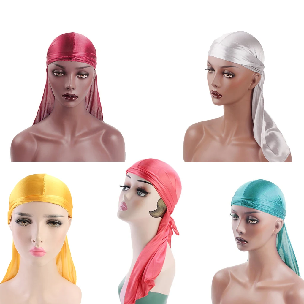 

Мусульманский тюрбан Durags для мужчин и женщин, шелковистый тюрбан яркого цвета, длинная Пиратская шапка