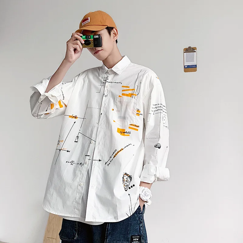 

100% cotton men's printed long sleeve shirt spring and autumn new fashion loose shirt hip hop men's long sleeve printed shirt