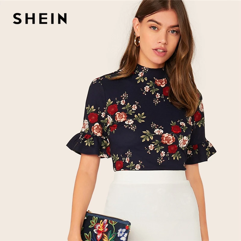 SHEIN abaya/темно-синяя гофрированная манжета с круглым вырезом, футболка с цветочным принтом, топ, женский летний рукав-Волан женские, облегающие элегантные футболки, топы