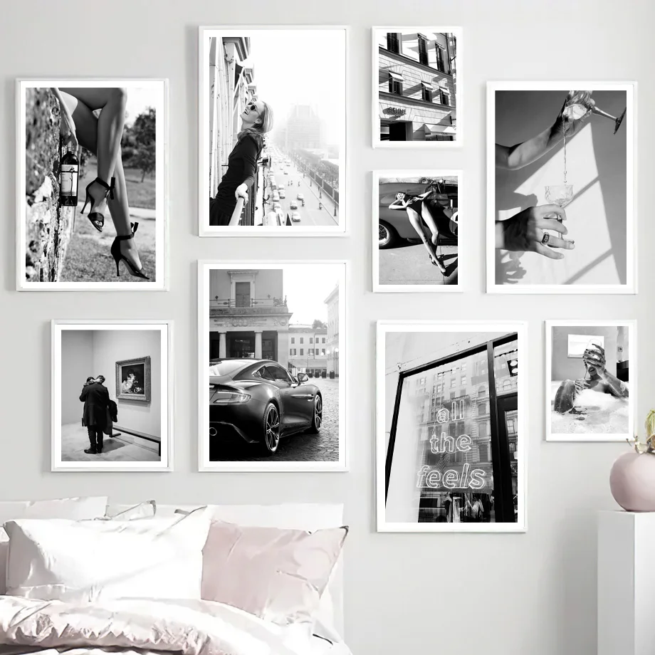 

Car Woman Wine Glass Vintage Black White Wall Art Canvas Painting Nordic Posters And Prints Wall Pictures For Living Room Decor