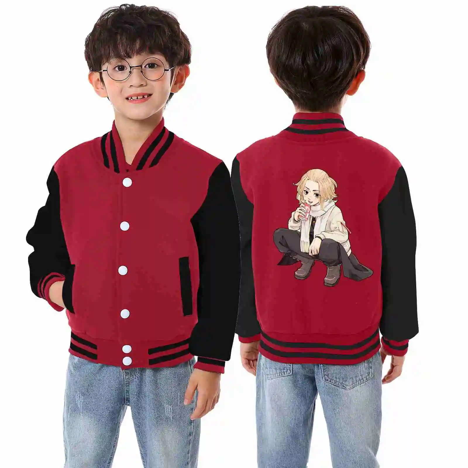 

Tokyo Revengers Kids Baseball Coat Cute Mikey Print Children Long-sleeve Single-breasted Sportswear Cardigan Jackets Pocket Top