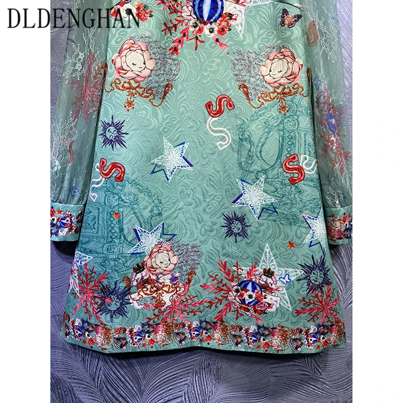 

DLDENGHAN Vintage Floral Print Beading Dress Women'sFashion Diamonds Lace Long Sleeve Jacquard Mini Dresses Designer Spring New