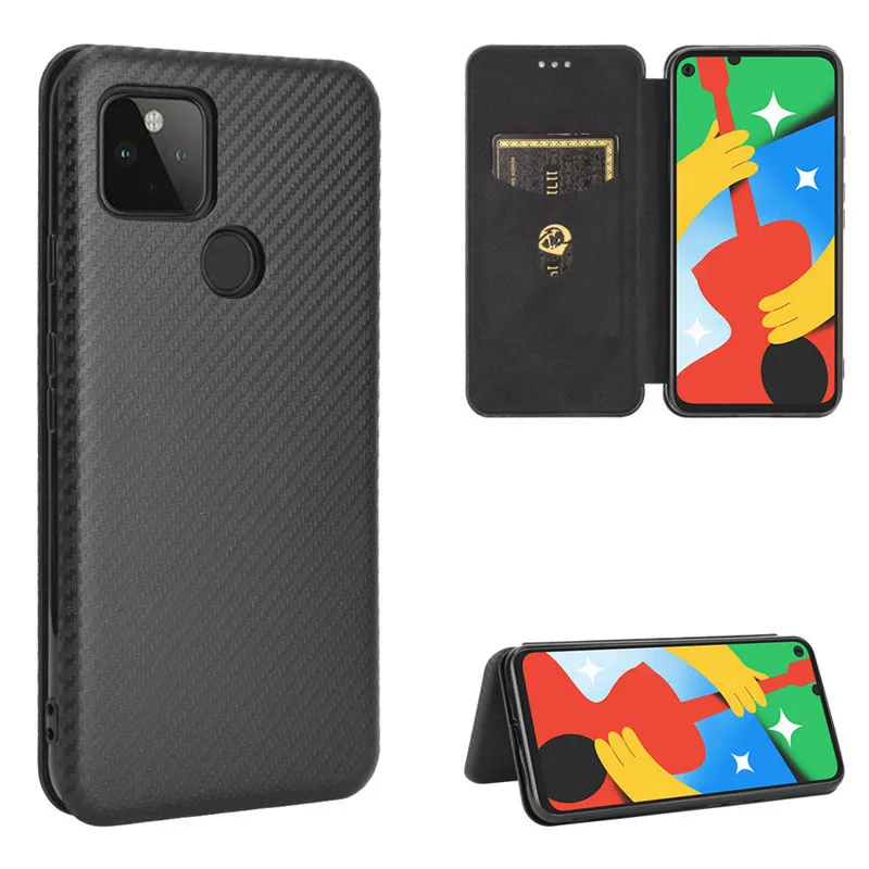 

For Google Pixel 5 Case 6.0" Carbon Fiber PC Hard Card Holder Slim Leather Case for Google Pixel5 GD1YQ GTT9Q Wallet Flip Cover