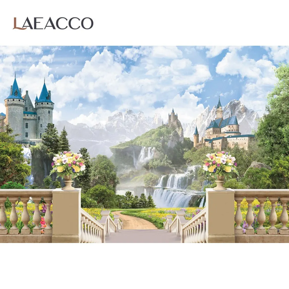 

Натуральный фон для фотосъемки замок Гора водопад цветы лестница голубое небо облачный Живописный фон для фотостудии