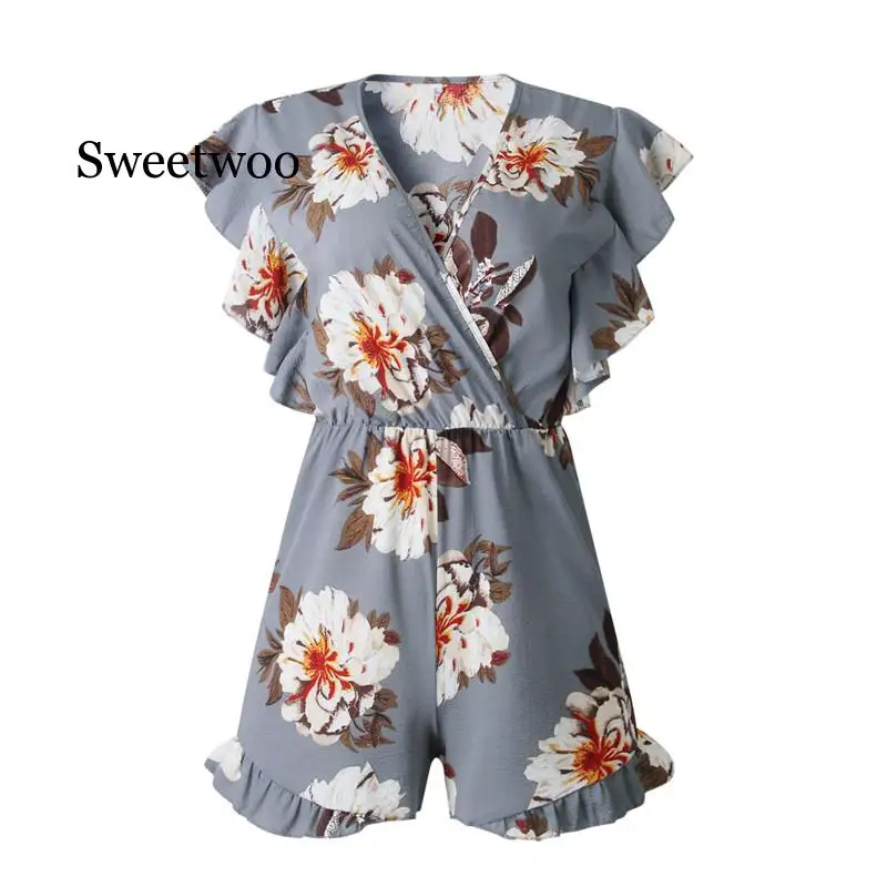 

Floral Printed Short Sleeve Ruffles Loose Casual Rompers Women Jumpsuits Sexy V Neck Short Jumpsuits Summer Women's overalls