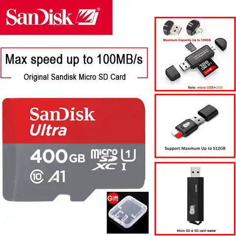флешка карта памяти SanDisk Micro sd card 400 ГБ, 256 ГБ, 200 ГБ, 128 ГБ, 64 ГБ, 32 ГБ, 16 ГБ, класс 10, флеш-карта Microsd, TF карта с кардридером, 2 в 1 флешки карта памяти ...