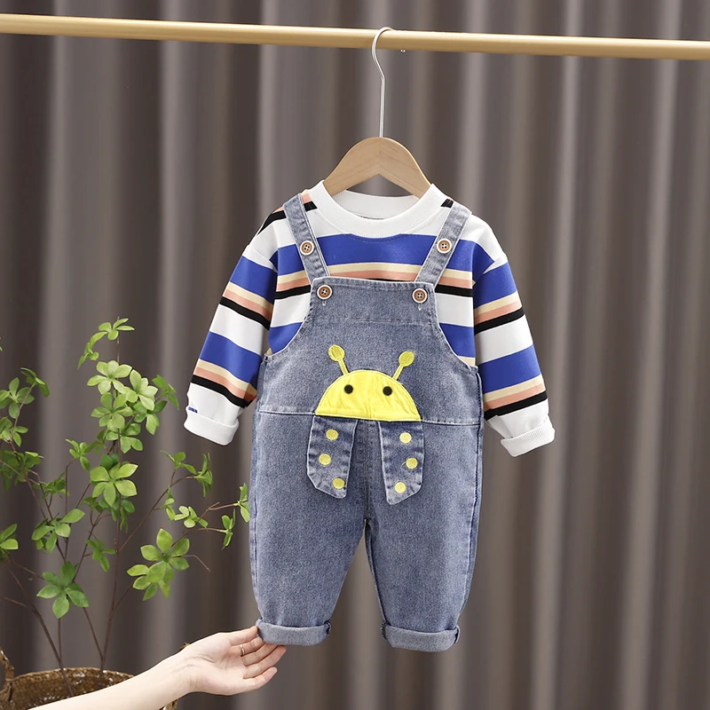 

2021 Autumn Baby Girls Boys Clothing Sets Children Cartoon Sportswear Kids Stripe T Shirt Overalls Outdoor Infant Clothes Outfit