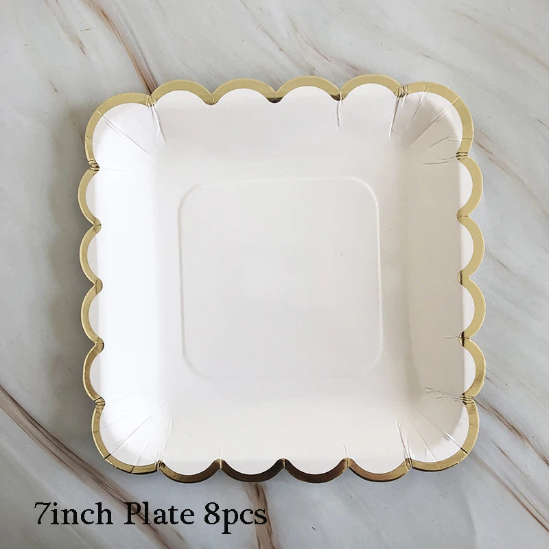 7inch plate 8pcs Белые одноразовые столовые приборы, вечерние, золотые, бумажные тарелки, стакан с соломинкой, для первого дня рождения, вечеринки, свадьбы, декор для детей, детские вечерние принадлежности - Цвет: 7inch plate 8pcs