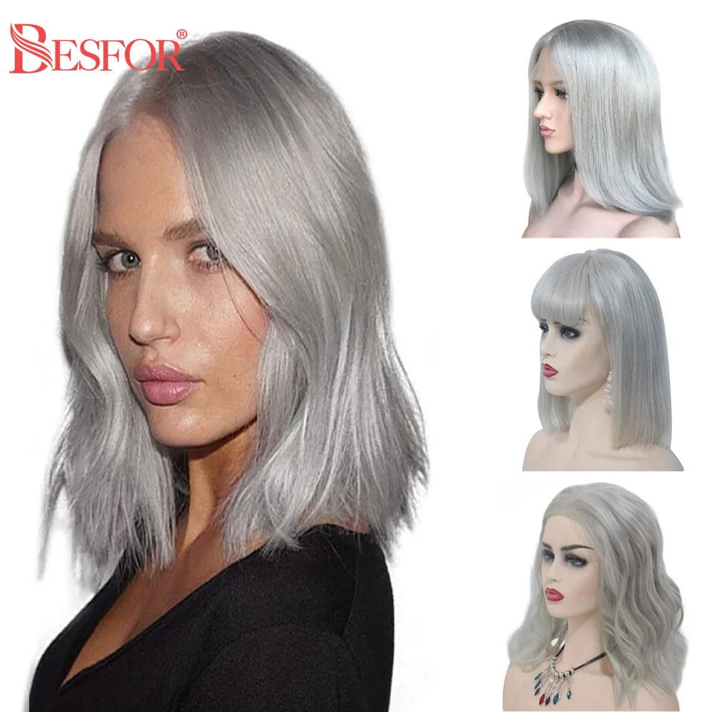 

BESFOR Short Gray Bob Wig Thick 180% Density Grey 13x4 Lace Front Human Hair Wigs Pre Plucked Glueless With Baby Hair For Women