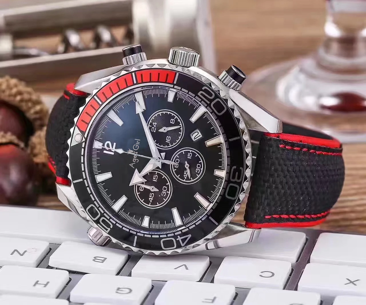 

Classic New 007 Men Watches Ceramic Bezel Stainless Steel Orange Black Red Orange Chronograph Sapphire Stopwatch Sport AAA+