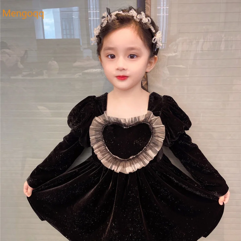 

Pretty Princess Autumn Full Sleeve Ruched Love Square Collar Knee-length Dress Toddler Kids Baby Children Party Clothes 2-9Y