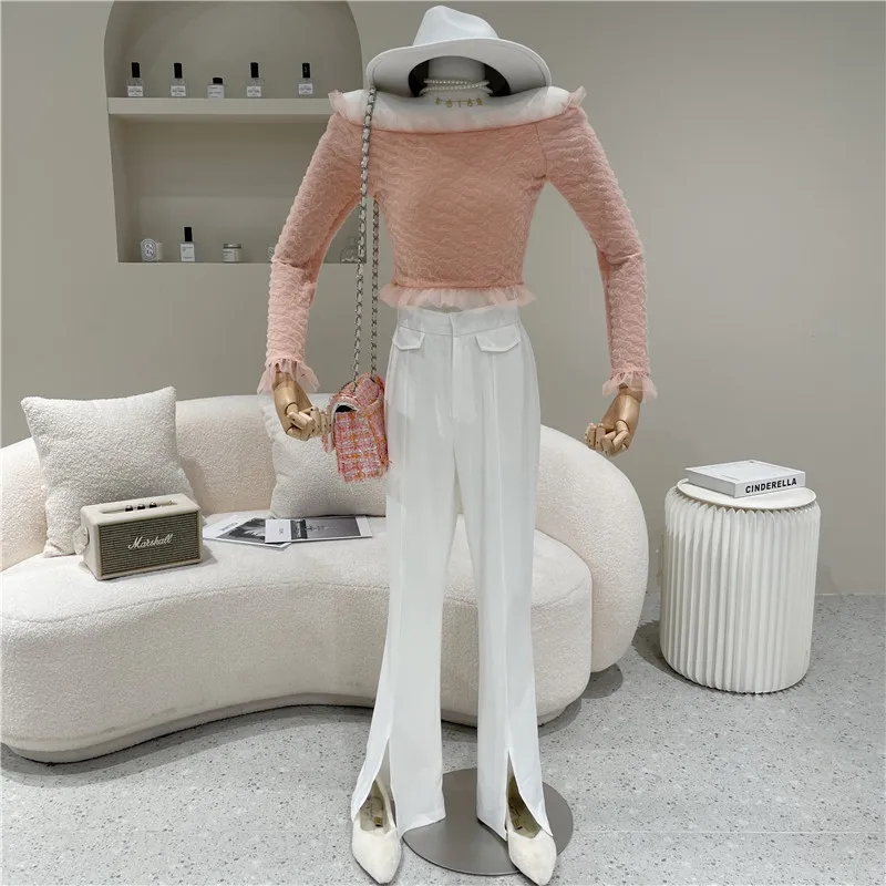 

Women's Spring 2021 Fashion High waist slim casual white wide leg micro flared pants Split suit pants