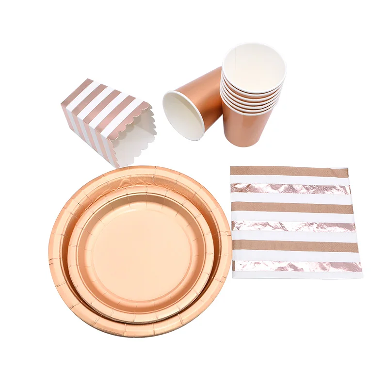Розовое золото плиты Бумага чашки салфетки трубочки набор одноразовой посуды