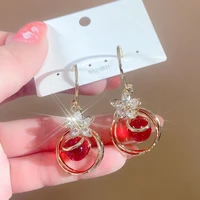 red bead round pendant flower earrings trend elegant hoop earrings fashion simple jewelry earrring exquisite earrings for women