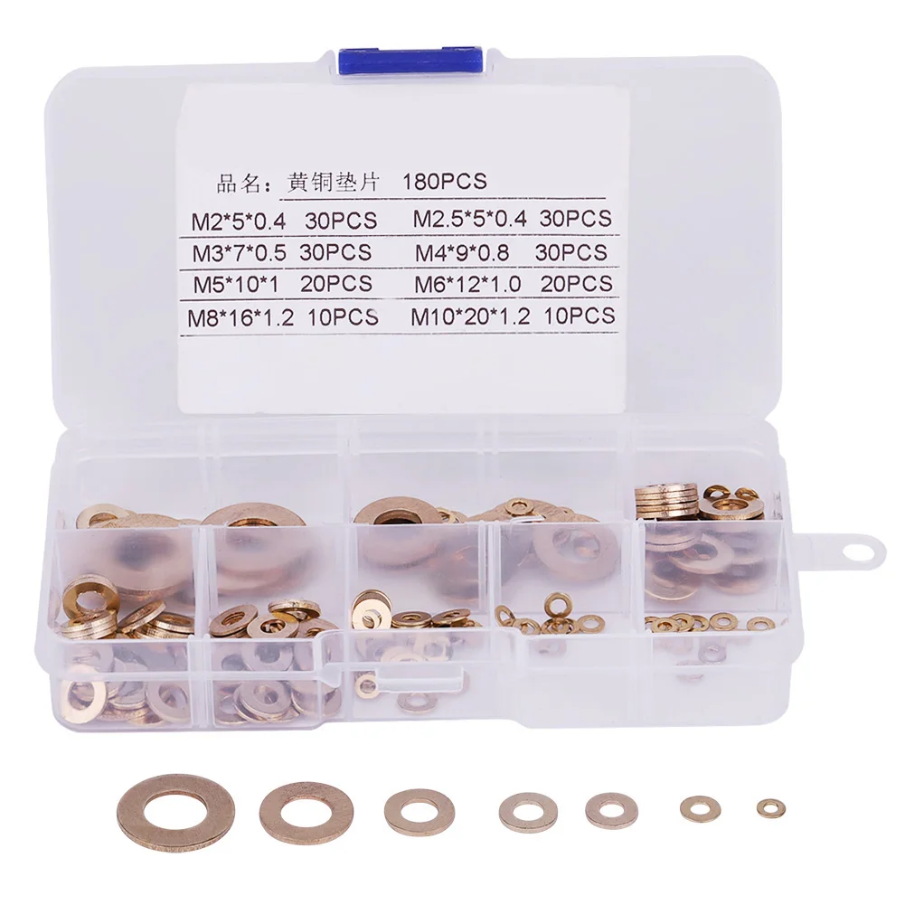 

180Pcs Brass Flat Washer Assortment Set with Box M2/M2.5/M3/M4/M5/M6/M8/M10