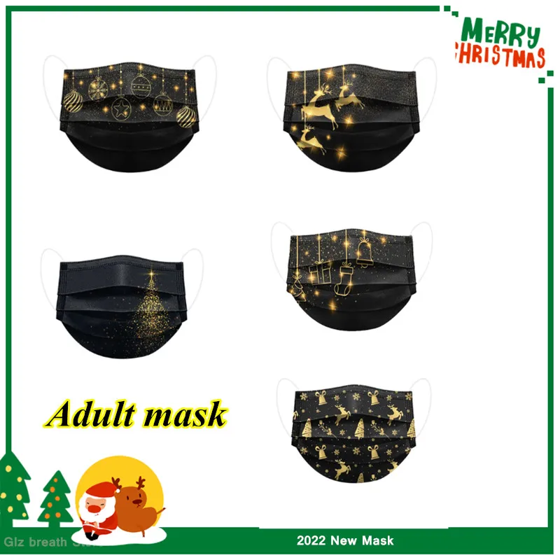 

2022 Christmas Face Mask For Adult 50pcs Black Disposable Cartoon Printing Mouth Masks 3 Layers Protective Mascara Breathable