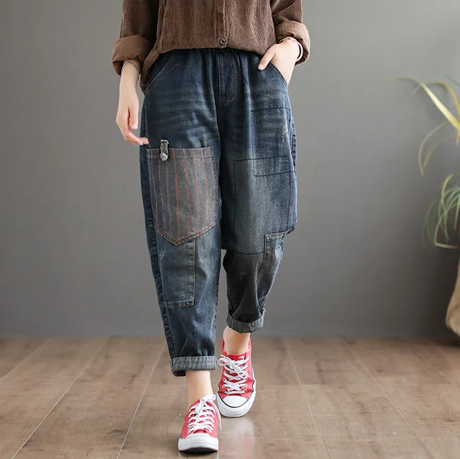 Autumn Spring Women Jeans 2019 Thin Denim Loose Harem Pockets Elastic Waist Vintage Casual Pants YoYiKamomo | Женская одежда