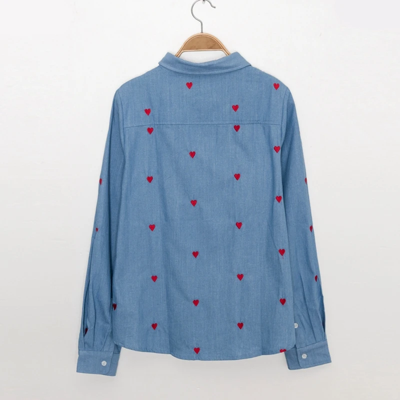 

Blue Denim Shirts 2021 Woman Heart Embroidered Blouses