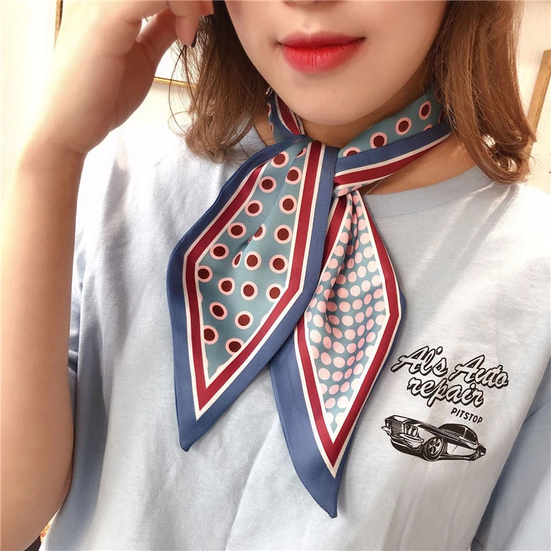 

Women Dots Small Silk Scarf Bandana Handle Bag Ribbons Female Head Scarves Sharp Neckerchief Headband 90*10cm 2021