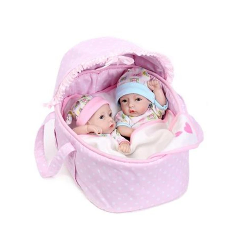 

Twins Baby Reborn Doll in Cradle Full Silicone Boy No Hair Baby Pacify Doll Exquisite Xmas Gift for Kids Children