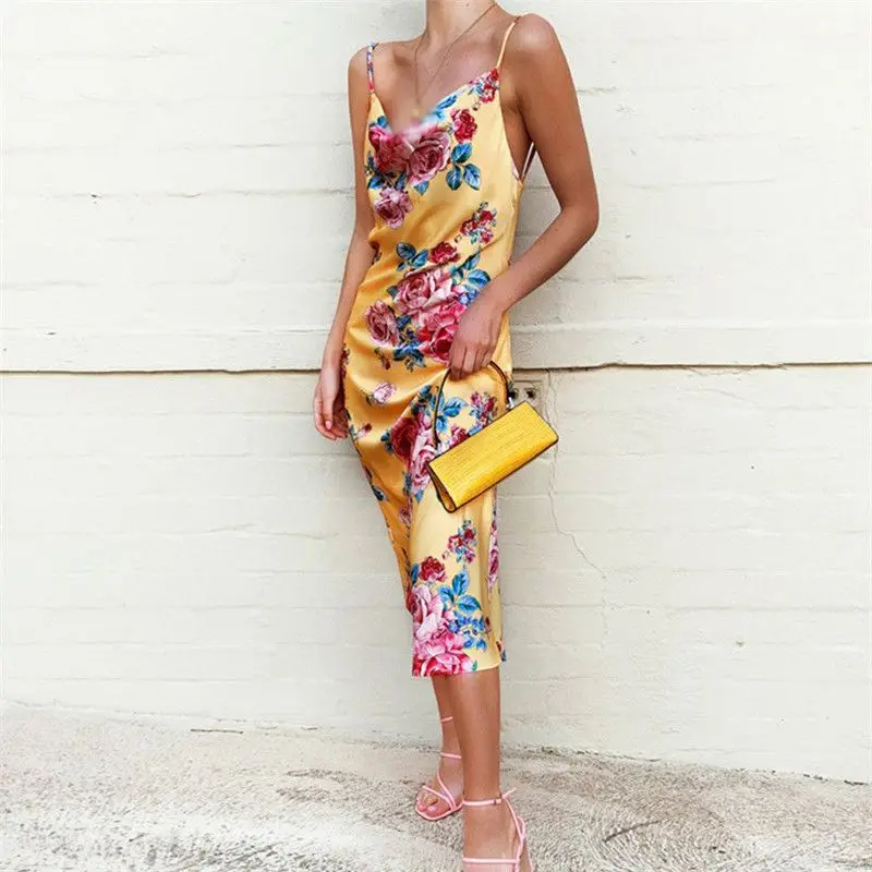 

Mini Sling Dress Floral Flower Print Silk Casual Summer Cocktail Party Women