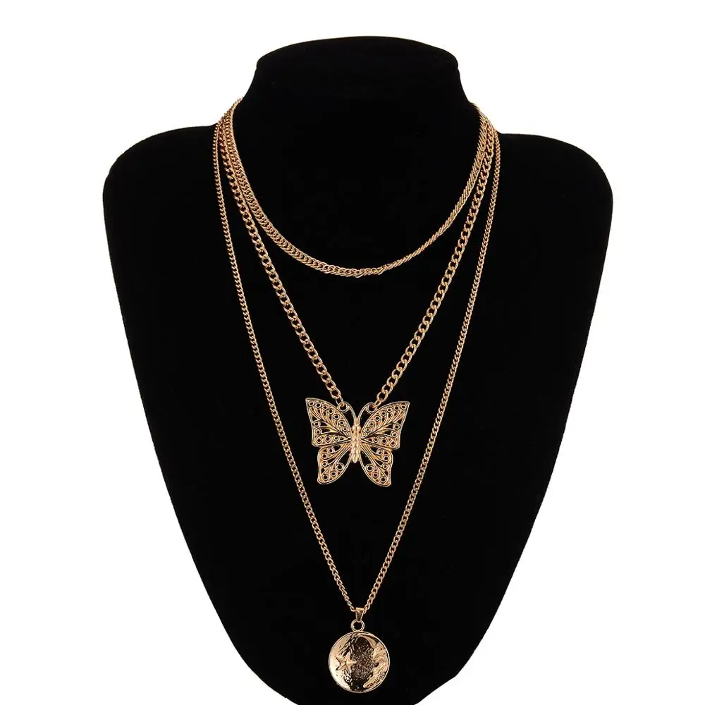 

Retro Multi Layer Twist Chain Necklace Carved Moon Pendant Butterfly Neck Collar Jewelry Bohemia Punk Hip Hop Accessories Gift