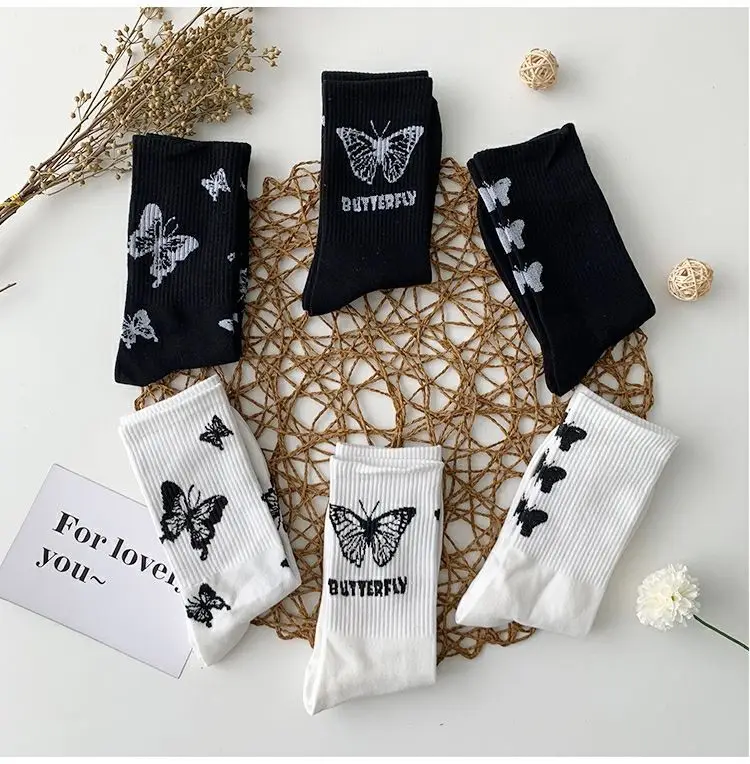 Kawaii beautiful animal butterfly socks women's socks black and white leg pile socks street sports trend Harajuku socks women
