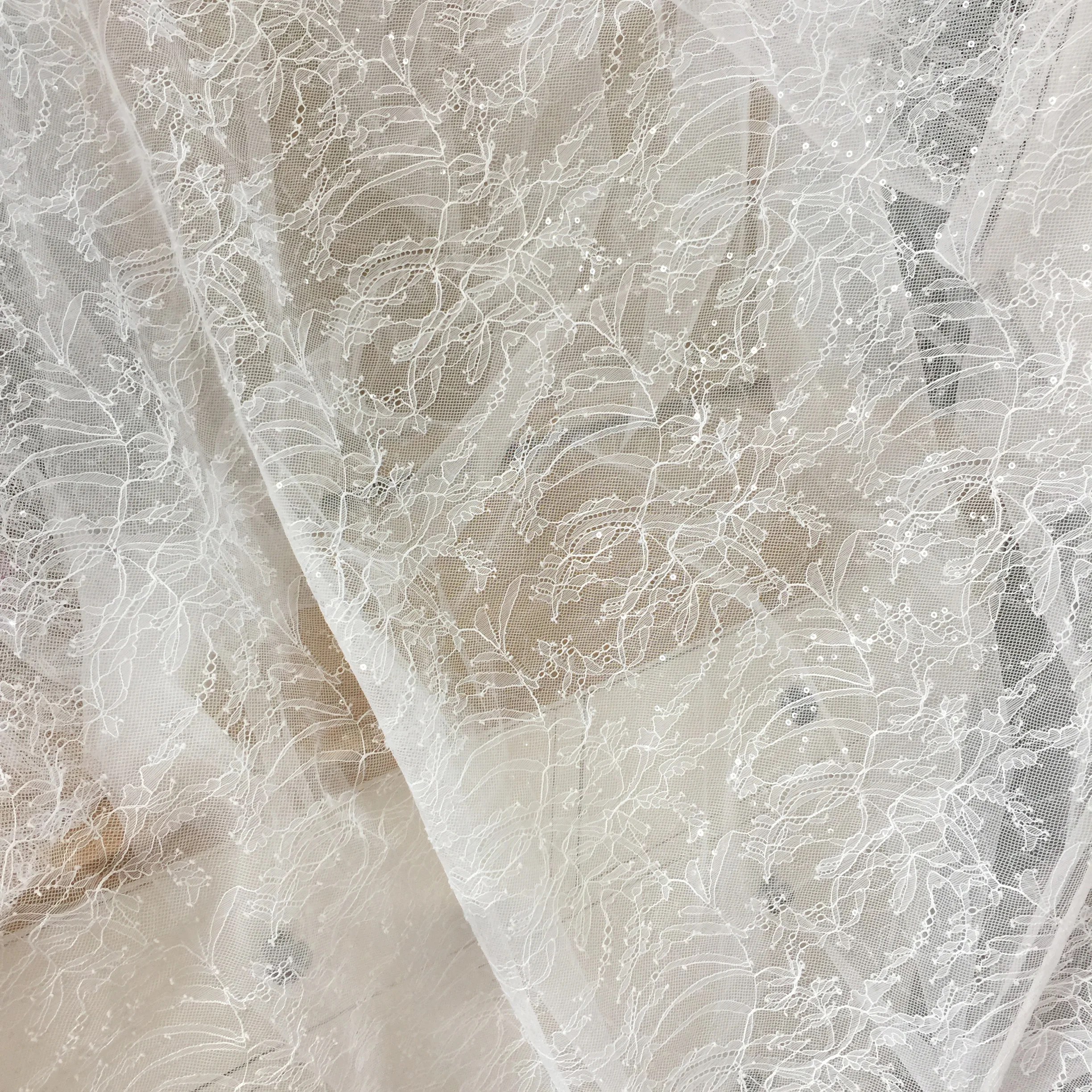 

Middle-stiff Lace with small shiny sequins, dress accessories lace material, Off white color 1 meter