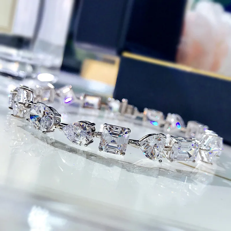 

Luxury 925 Sterling Silver Silver Bridal Wedding Party High Carbon Diamond Irregular Chain Link Bracelets Jewelry For Women 2021