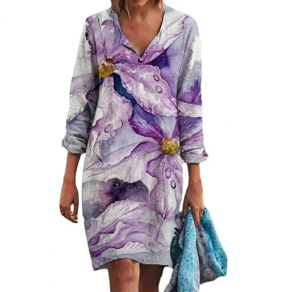 

Новинка 2021, лидер продаж, красивое очаровательное удобное мини-платье до колен с V-образным вырезом и цветочным принтом, Осеннее женское пла...