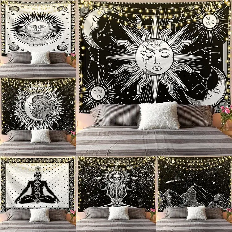 

Meditation Psychedelic Runes Background Cloth Tapestry Black White Bedroom Living Room Home Decor Wall Hanging Mandala Tapestry