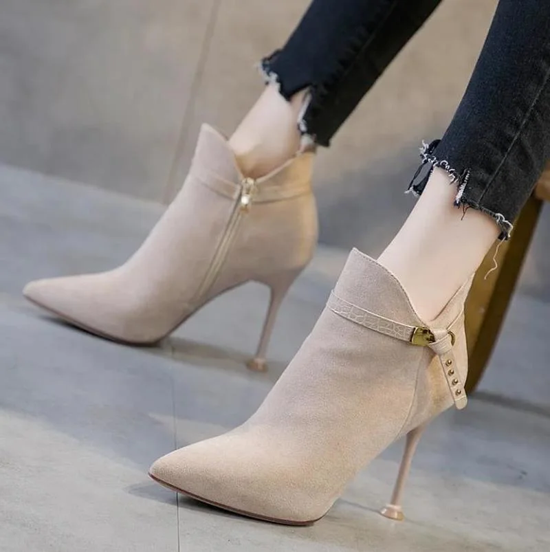 

New Temperament Suede Pointed Toe Stiletto High Heels Short Boot Women's Autumn Winter New Beige Short Boots Fashion Pumps Boots