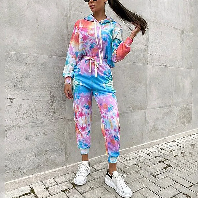 

European and American Women's Tie Dye Printing Hooded Casual Home Wear Set