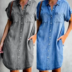 Plus Size Denim Dress For Women Summer Dress Short Sleeve Pockets Single-breasted Irregular Hem Knee-length Denim Dress 5xl