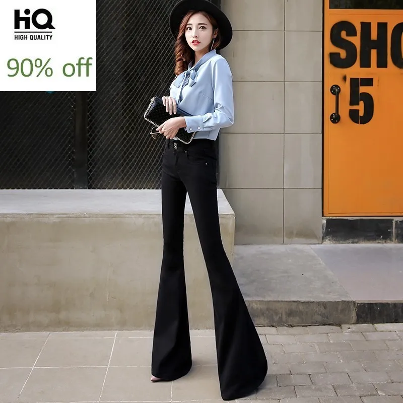 Vintage High Waist Black Autumn Winter Women Flares Pants Slim Fit Full Length Fashion Streetwear Stretch Female Denim Trousers |