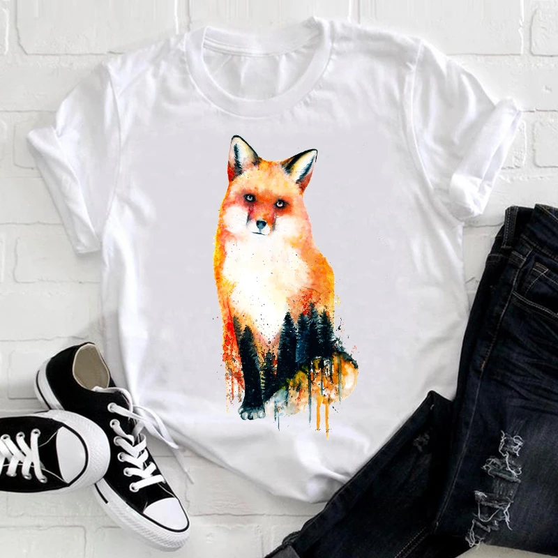 

Women Short Sleeve Fashion Cute Fox Cartoon Animal 90s Cute Printing Clothes Ladies Graphic Print Tee Top Tshirt Female T-shirt