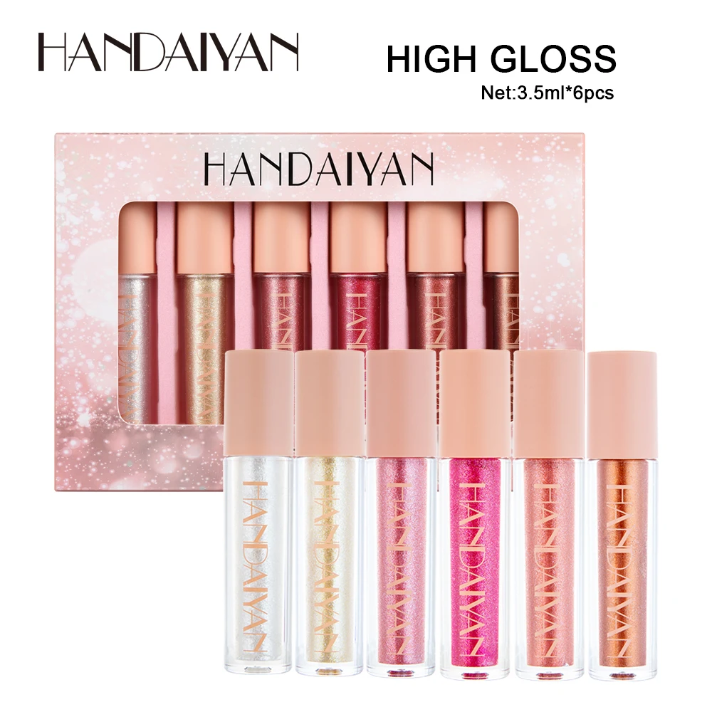 

Увлажняющий и подсвечивающий блеск для губ HANDAIYAN, набор из 6 металлических алмазных жемчужных блесков для губ с блестками