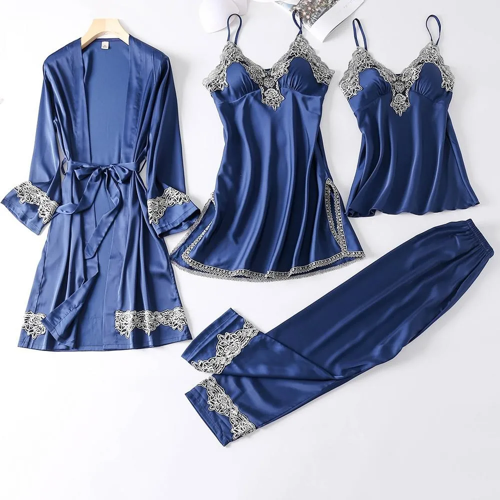 

Satin Striped Pajamas Set Pink Silky 4PCS Sleepwear Women New Sleep Set Spring Summer Pijamas Suit Elastic Waist Loungewear