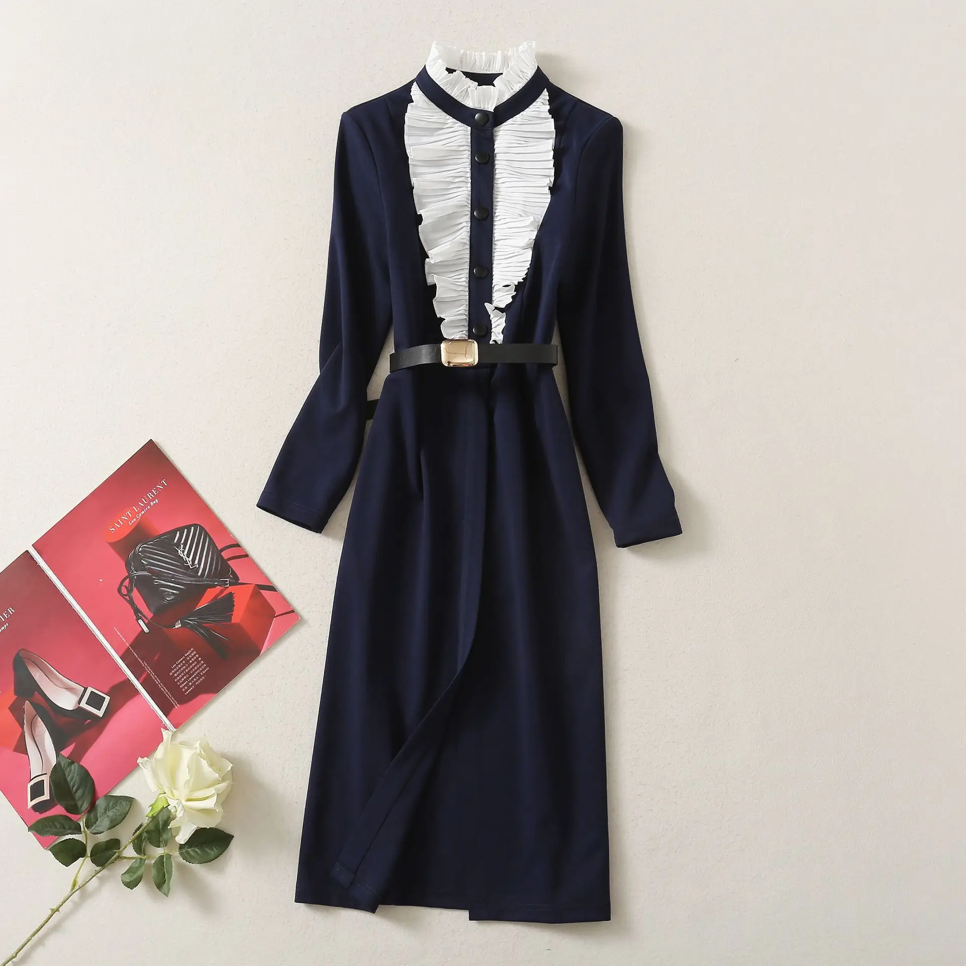 

Осенне-зимние винтажные платья миди с оборками и длинным рукавом для женщин 2020, высококачественное подиумное дизайнерское элегантное женс...