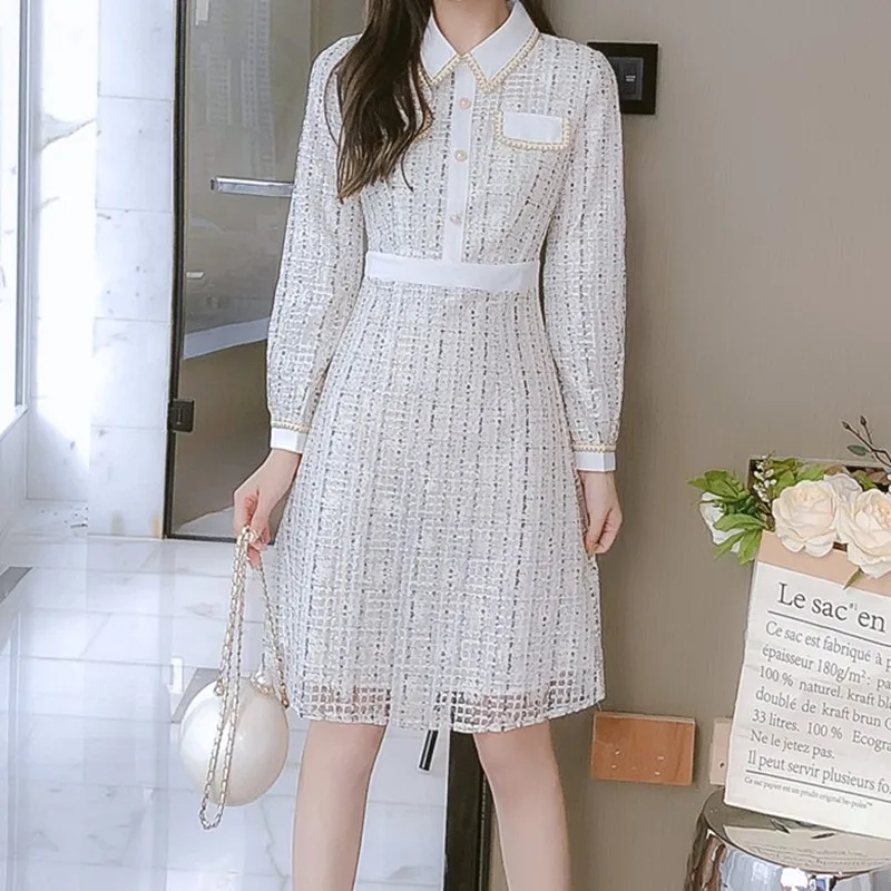 

Newest Long Sleeve Patchwork Dress for Women fashion single-breasted Turn Down Collar A-line Elegant Autumn Korean Dresses