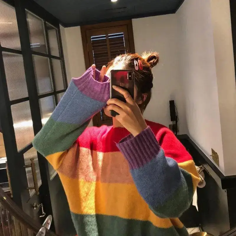 

Pullovers Women O-neck Rainbow Striped Oversize Harajuku Knitted Sweaters Students All-match Leisure Daily Streetwear Korean Top