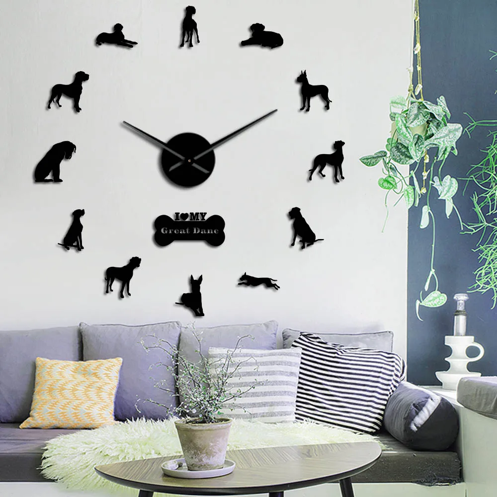 

Great Dane Dog 3D DIY Giant Wall Clock Long Hands Acrylic Clock Watch Animals Pet Shop Decor Mirror Sticker Clock