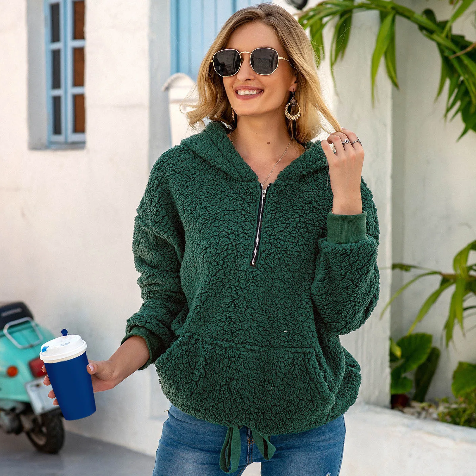 

Winter Women Jacket Warm Plush Casual Loose Hooded Coat Mixed Color Patchwork Winter Outwear Faux Fur Zipper Ladies Parka Coat
