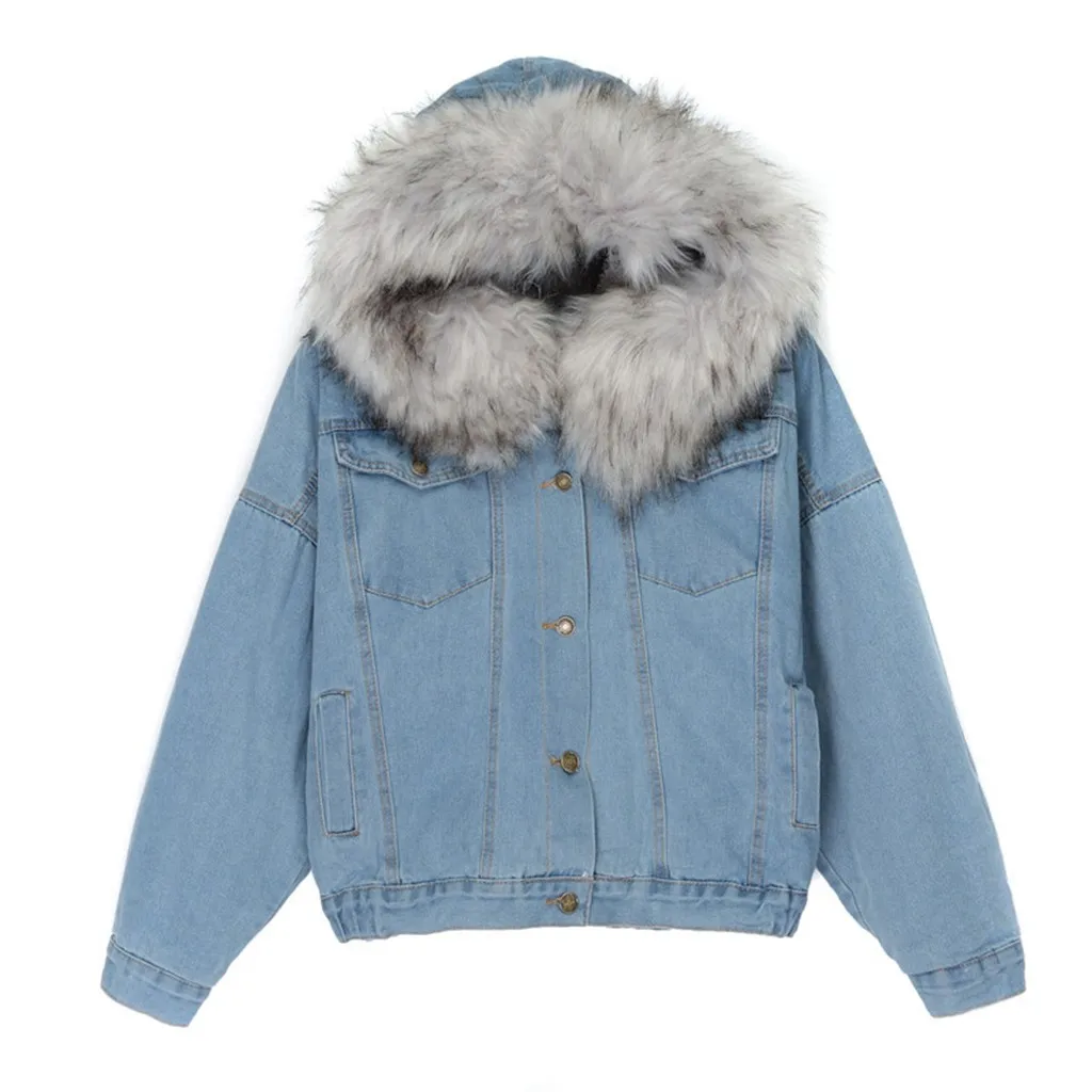 Women Warm Denim Jean Jacket Short Coat Faux Fur Collar Slim Winter Hooded Outwear Coats | Женская одежда