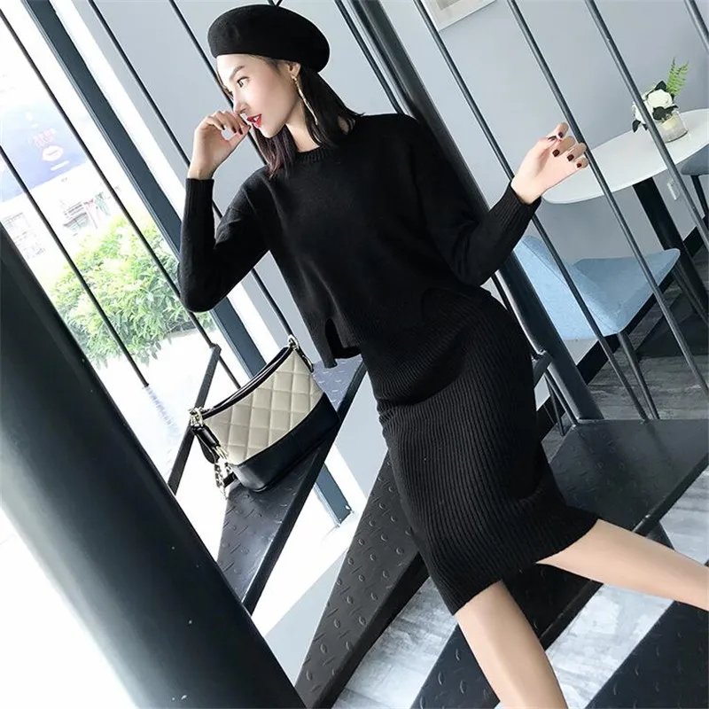 2021 осенне-зимний новый вязаный костюм женский однотонный модный свитер с