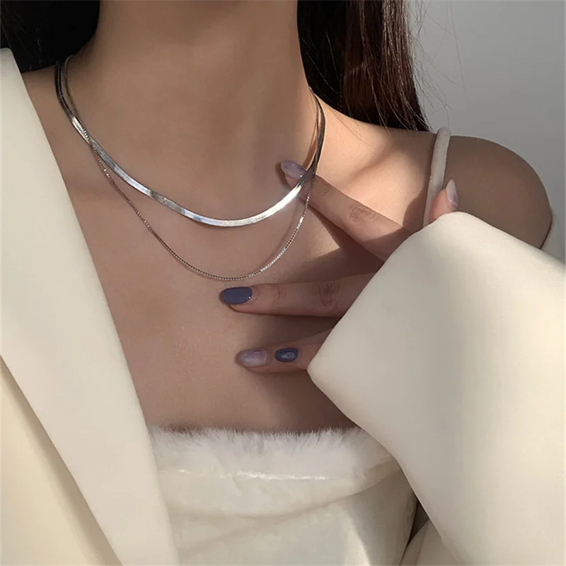 

Trendy 925 Sterling Silver Necklace For Women Jewelry Fashion Clavicle Necklaces Lady Double Layers Snake Box Chain Accessories